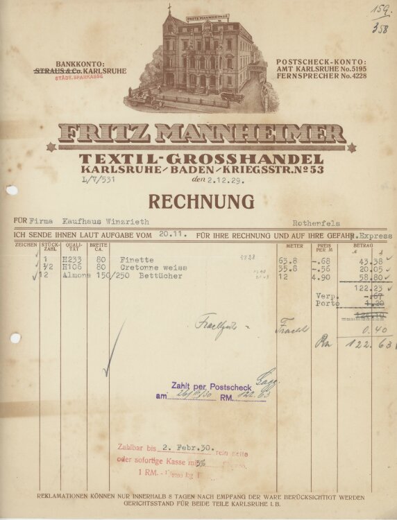 Firma M. Winzrieth (Kaufhaus)an Fritz Manheimer...