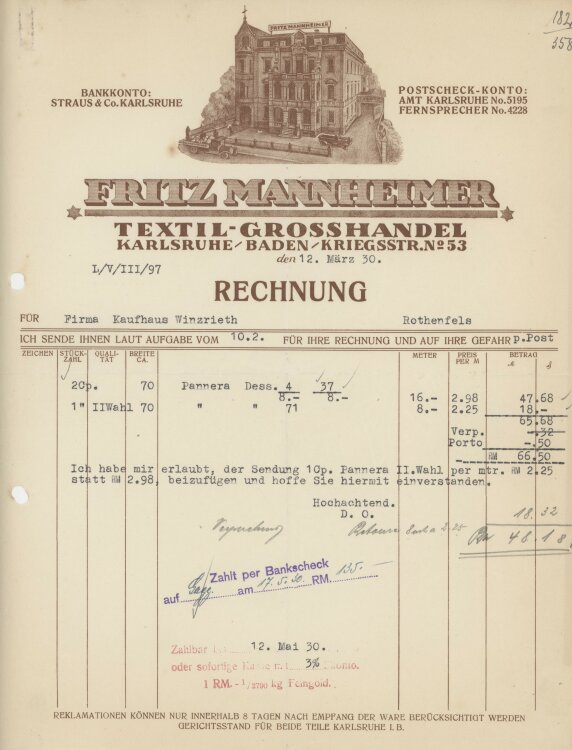 Firma M. Winzrieth (Kaufhaus)an Fritz Manheimer Textil-Grosshandel- Rechnung - 12.03.1930