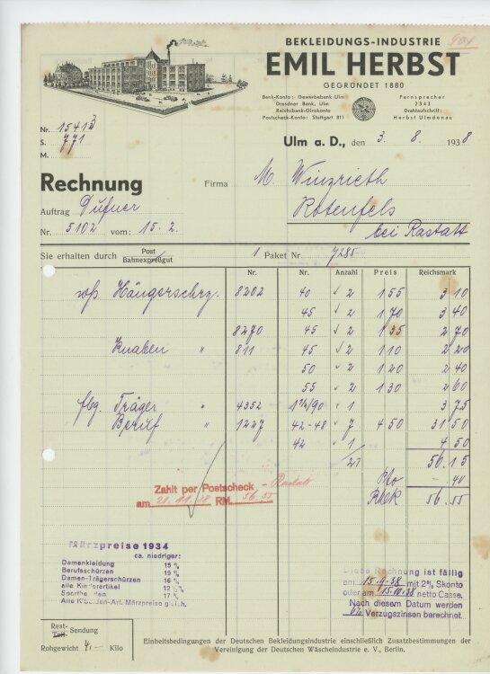 Firma M. Winzrieth (Kaufhaus)an Bekleidungs-Industrie Emil Herbst- Rechnung - 03.08.1938