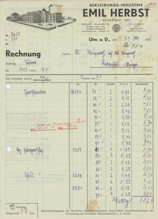 Firma M. Winzrieth (Kaufhaus)an Bekleidungs-Industrie Emil Herbst- Rechnung - 31.10.1938