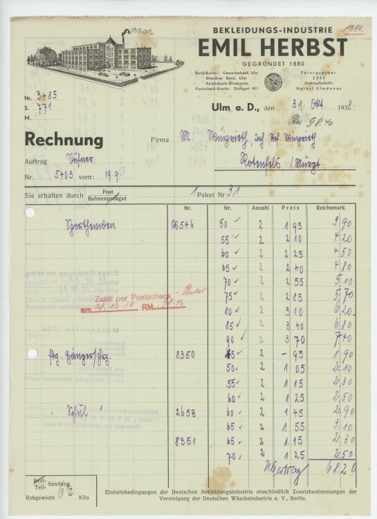 Firma M. Winzrieth (Kaufhaus)an Bekleidungs-Industrie Emil Herbst- Rechnung - 31.10.1938