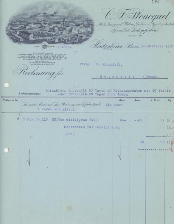 Firma M. Winzrieth (Kaufhaus)an C. F. Ploucquet- Rechnung...