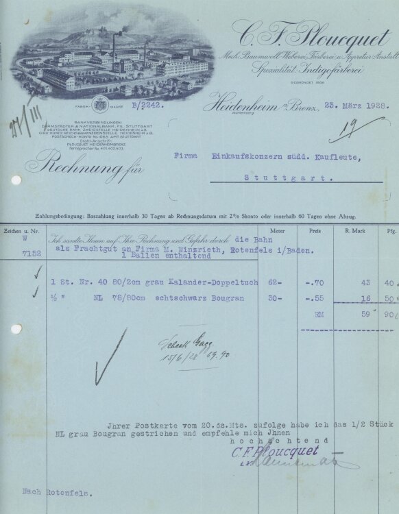 Firma M. Winzrieth (Kaufhaus)an C. F. Ploucquet- Rechnung...