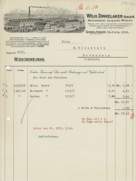 Firma M. Winzrieth (Kaufhaus)an Wilh. Dinkelaker GmbH- Rechnung - 30.09.1930