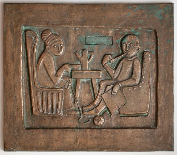 unbekannt - Sitzendes Paar - undatiert - Bronzerelief