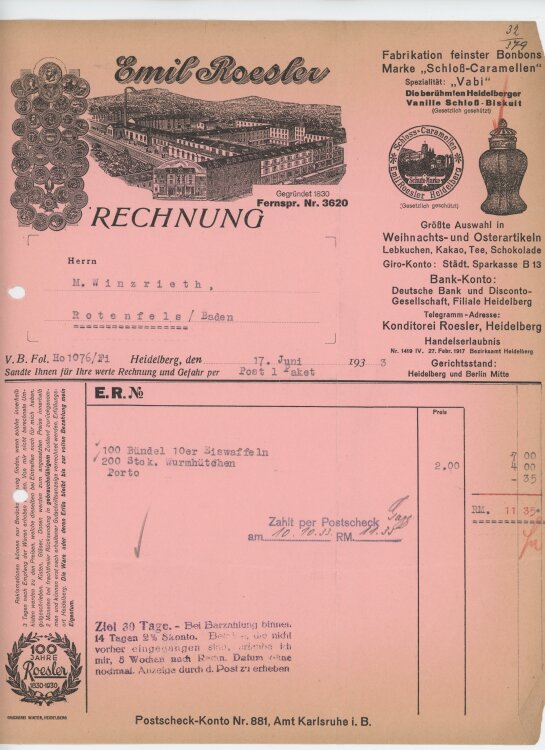 Firma M. Winzrieth (Kaufhaus)an Emil Roesler- Rechnung - 17.06.1933