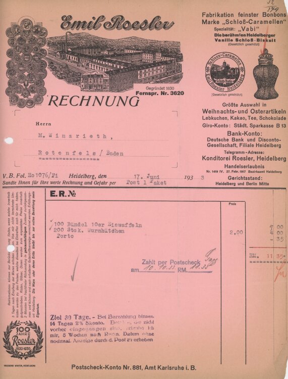 Firma M. Winzrieth (Kaufhaus)an Emil Roesler- Rechnung -...