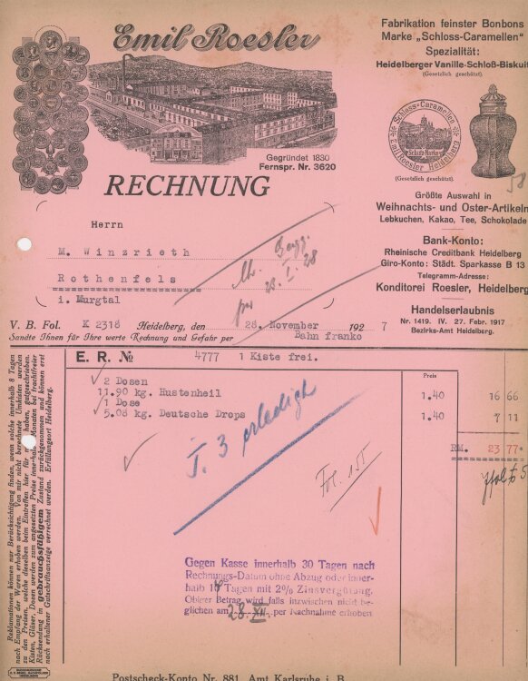 Firma M. Winzrieth (Kaufhaus)an Emil Roesler- Rechnung -...