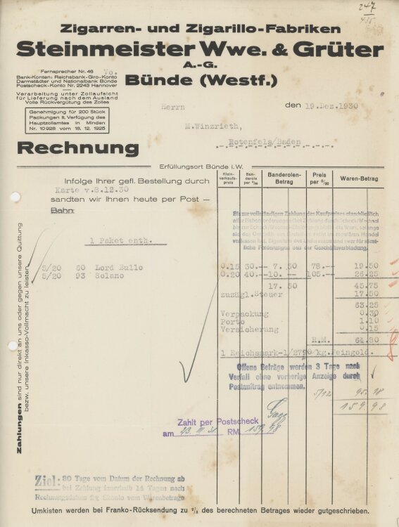 Firma M. Winzrieth (Kaufhaus)an Steinmeister Wwe. & Grüter- Rechnung - 19.12.1930