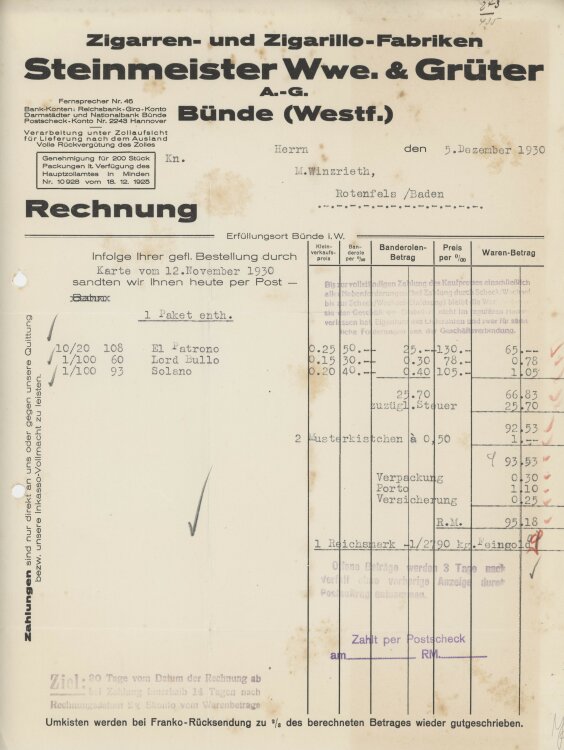 Firma M. Winzrieth (Kaufhaus)an Steinmeister Wwe. & Grüter- Rechnung - 05.12.1930