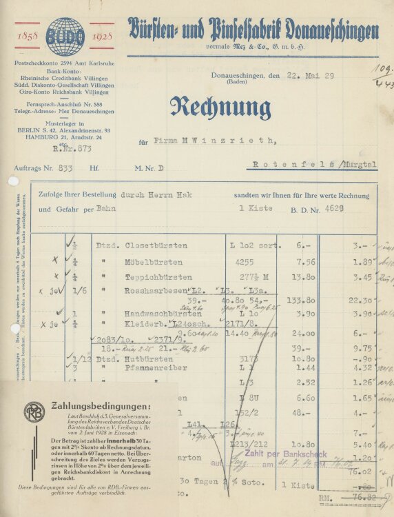 Firma M. Winzrieth (Kaufhaus)an Bürsten und Pinselfabrik- Rechnung - 22.05.1929