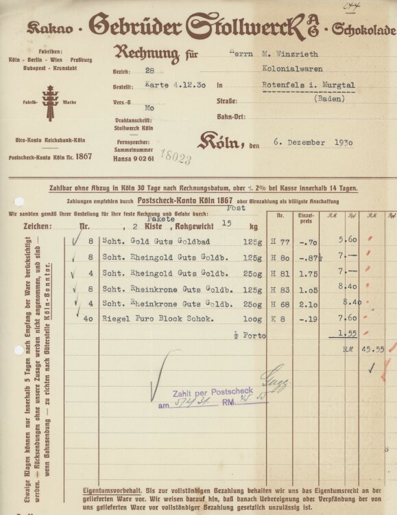 Firma M. Winzrieth (Kaufhaus)an Gebrüder Stollwerk AG- Rechnung - 06.12.1930