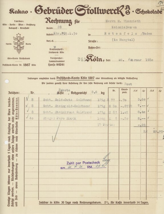 Firma M. Winzrieth (Kaufhaus)an Gebrüder Stollwerk AG- Rechnung - 26.02.1930