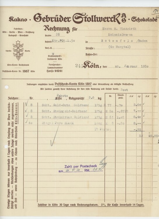 Firma M. Winzrieth (Kaufhaus)an Gebrüder Stollwerk AG- Rechnung - 26.02.1930