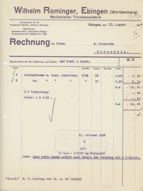 Firma M. Winzrieth (Kaufhaus)an Wilhelm Rominger-...