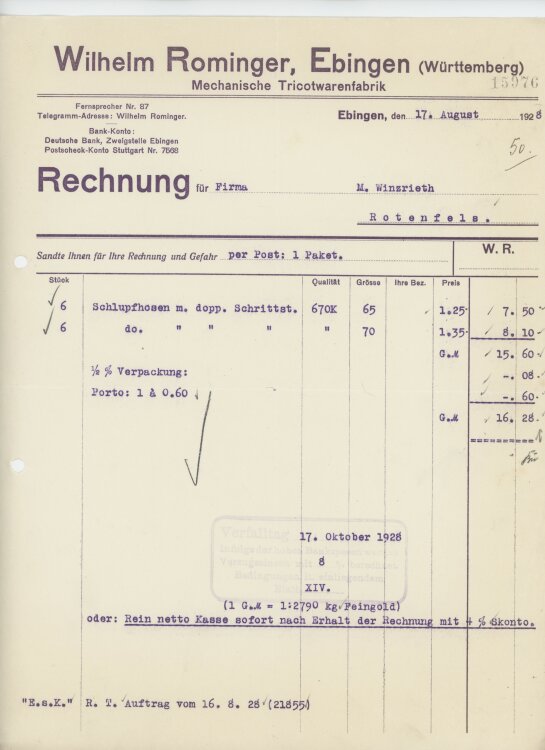 Firma M. Winzrieth (Kaufhaus)an Wilhelm Rominger-...