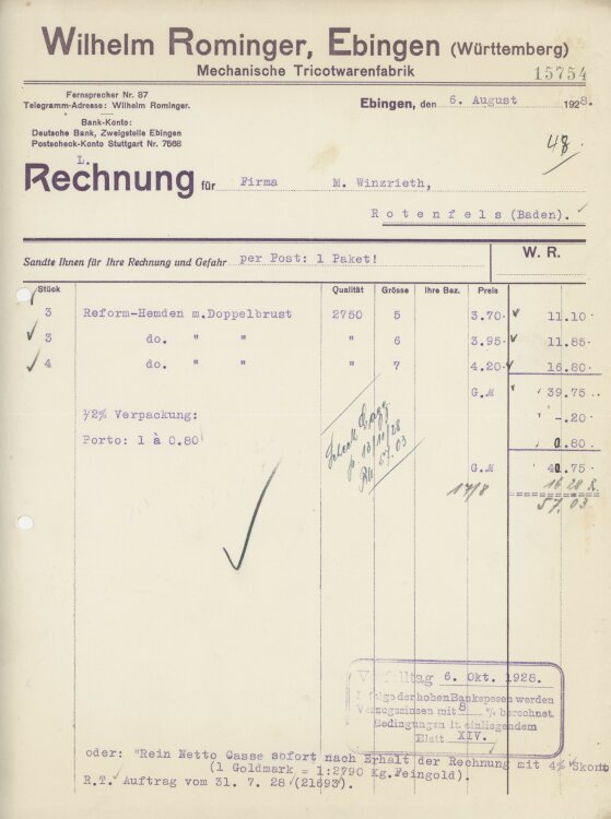 Firma M. Winzrieth (Kaufhaus)an Wilhelm Rominger- Rechnung - 06.08.1928