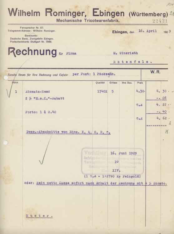 Firma M. Winzrieth (Kaufhaus)an Wilhelm Rominger- Rechnung - 16.04.1929