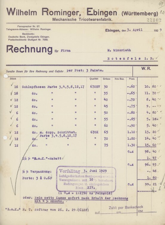 Firma M. Winzrieth (Kaufhaus)an Wilhelm Rominger- Rechnung - 03.04.1929