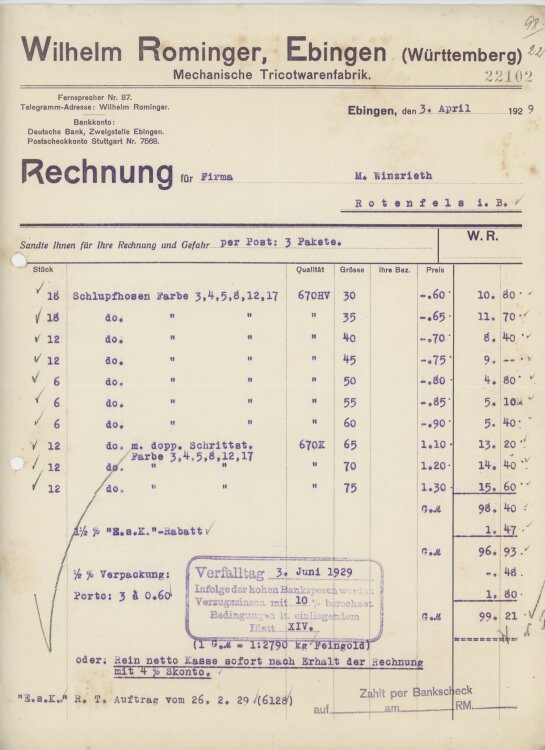 Firma M. Winzrieth (Kaufhaus)an Wilhelm Rominger- Rechnung - 03.04.1929