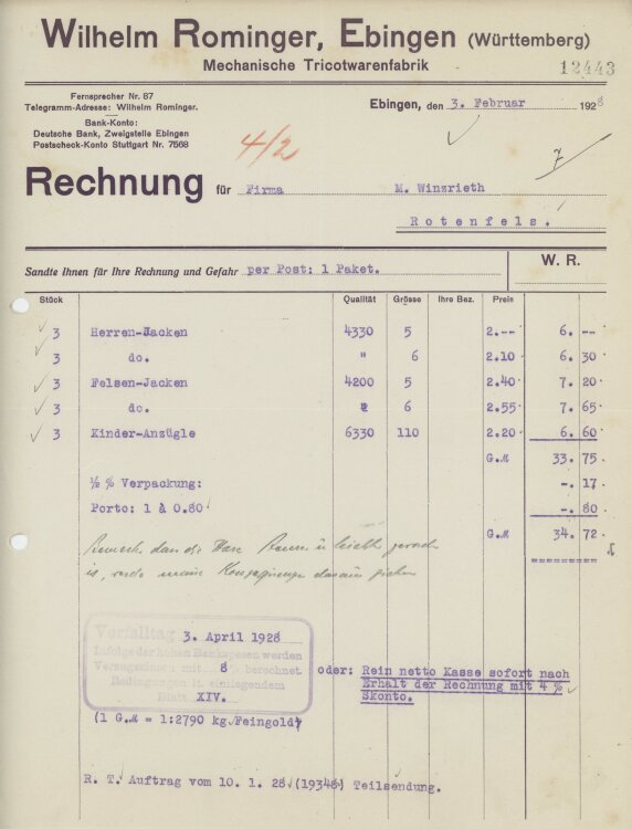 Firma M. Winzrieth (Kaufhaus)an Wilhelm Rominger- Rechnung - 03.02.1928