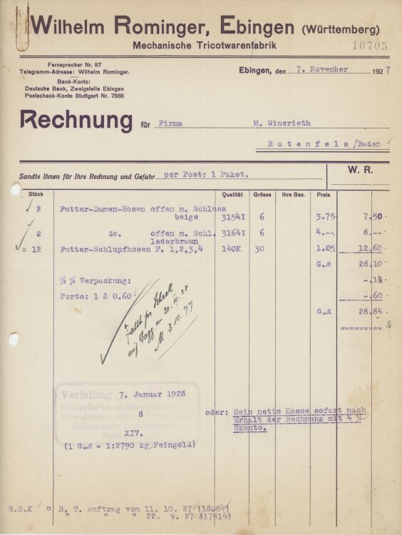 Firma M. Winzrieth (Kaufhaus)an Wilhelm Rominger-...