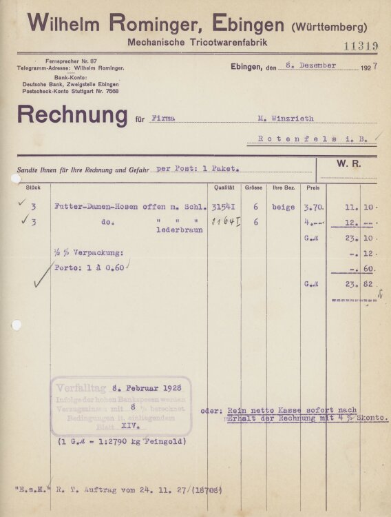 Firma M. Winzrieth (Kaufhaus)an Wilhelm Rominger-...