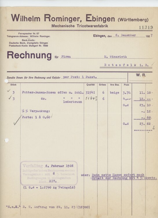 Firma M. Winzrieth (Kaufhaus)an Wilhelm Rominger- Rechnung - 08.12.1927