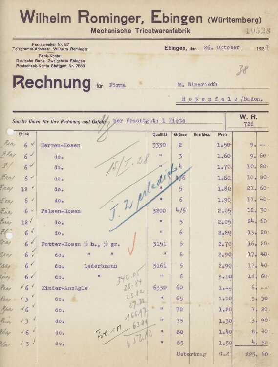 Firma M. Winzrieth (Kaufhaus)an Wilhelm Rominger- Rechnung - 26.10.1927