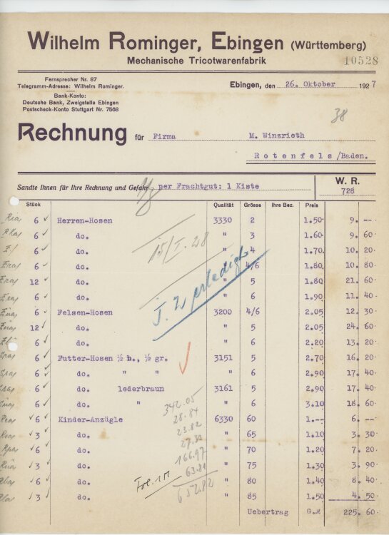 Firma M. Winzrieth (Kaufhaus)an Wilhelm Rominger-...