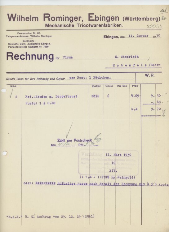 Firma M. Winzrieth (Kaufhaus)an Wilhelm Rominger-...