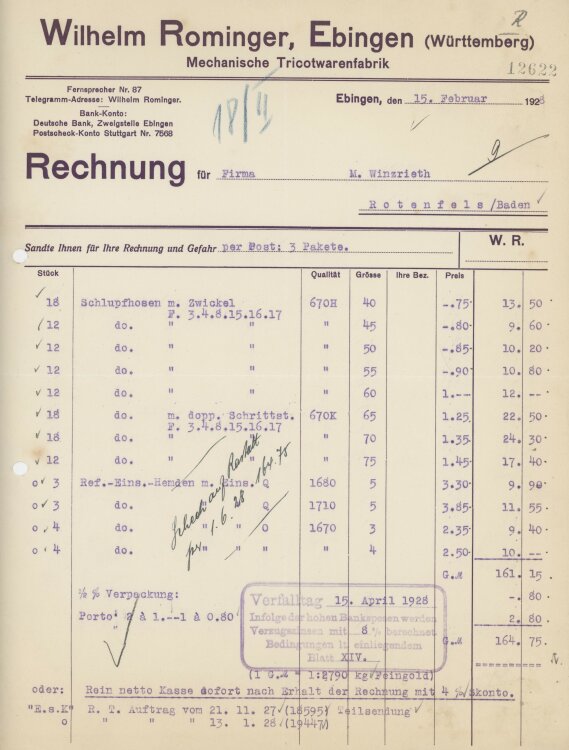 Firma M. Winzrieth (Kaufhaus)an Wilhelm Rominger-...