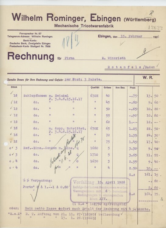 Firma M. Winzrieth (Kaufhaus)an Wilhelm Rominger-...