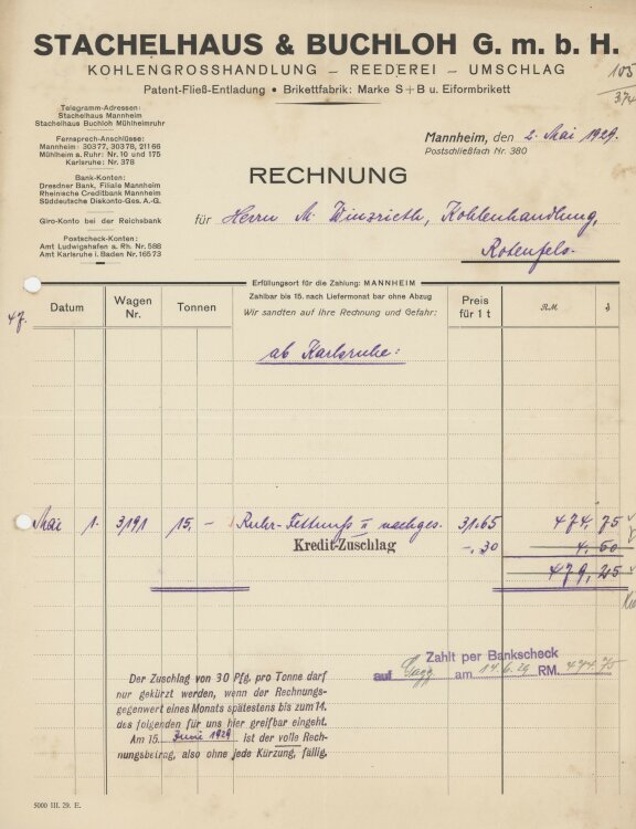 Firma M. Winzrieth (Kaufhaus)an Stachelhaus & Buchloh GmbH- Rechnung - 02.05.1929