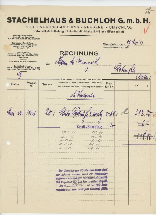 Firma M. Winzrieth (Kaufhaus)an Stachelhaus & Buchloh GmbH- Rechnung - 29.05.1933