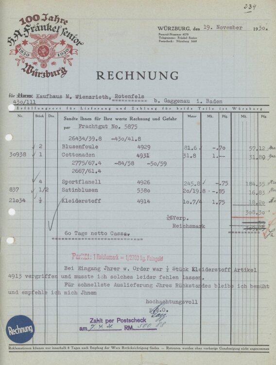 Firma M. Winzrieth (Kaufhaus)an H. A. Fränkel...