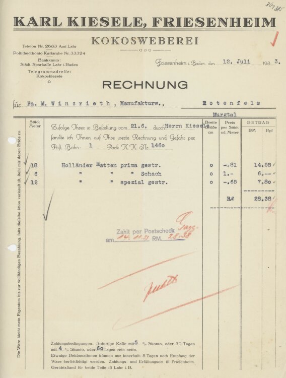 Firma M. Winzrieth (Kaufhaus)an Karl Kiesele Kokosweberei- Rechnung - 12.07.1933