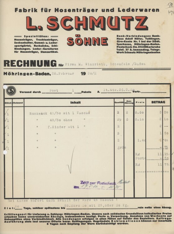 Firma M. Winzrieth (Kaufhaus)an L. Schmutz Söhne- Rechnung - 28.02.1930