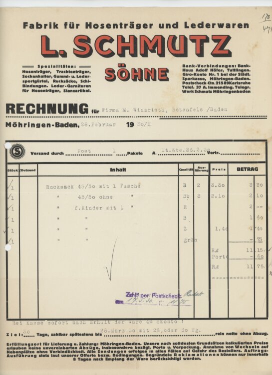 Firma M. Winzrieth (Kaufhaus)an L. Schmutz Söhne- Rechnung - 28.02.1930