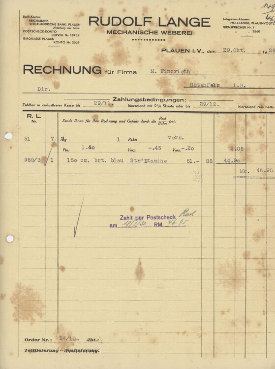 Firma M. Winzrieth (Kaufhaus)an Rudolf Lange Mechanische...