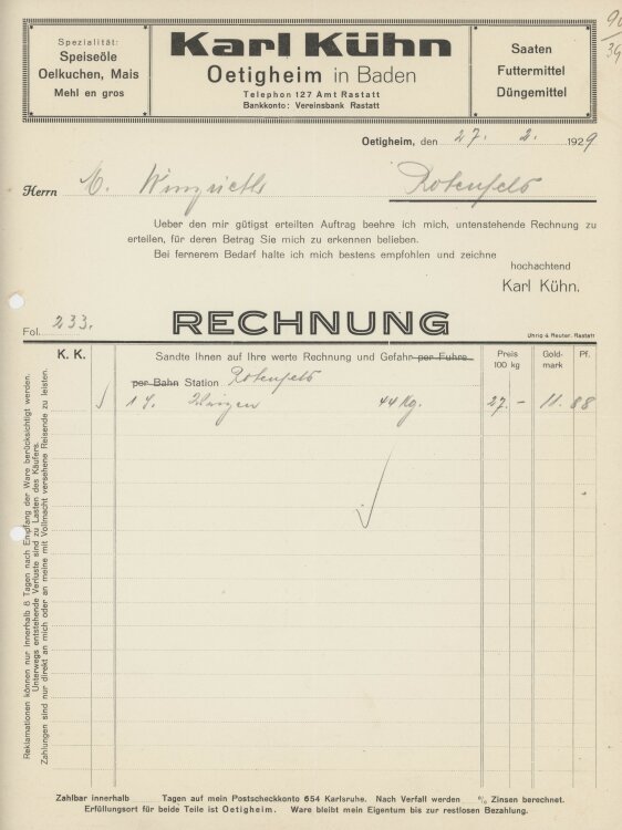 Firma M. Winzrieth (Kaufhaus)an Karl Kühn- Rechnung...