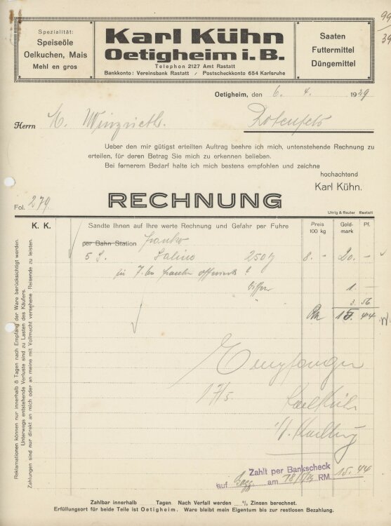 Firma M. Winzrieth (Kaufhaus)an Karl Kühn- Rechnung - 06.04.1929