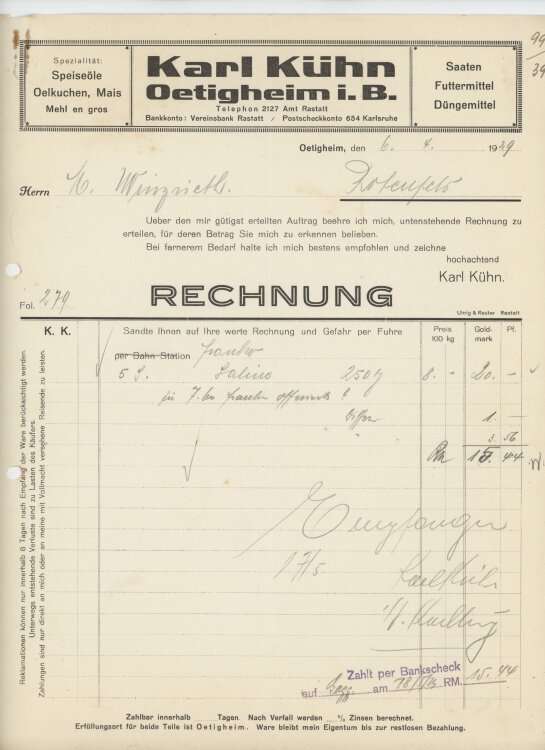 Firma M. Winzrieth (Kaufhaus)an Karl Kühn- Rechnung - 06.04.1929