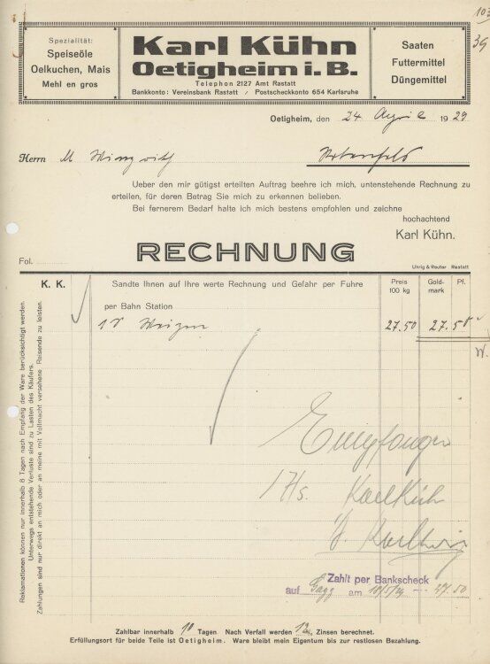 Firma M. Winzrieth (Kaufhaus)an Karl Kühn- Rechnung...