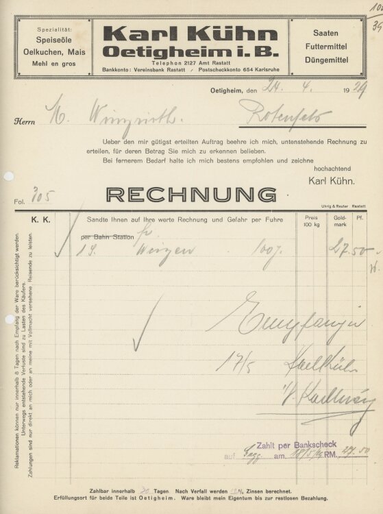 Firma M. Winzrieth (Kaufhaus)an Karl Kühn- Rechnung...