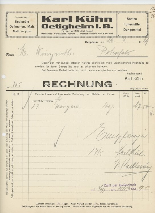 Firma M. Winzrieth (Kaufhaus)an Karl Kühn- Rechnung - 24.04.1929