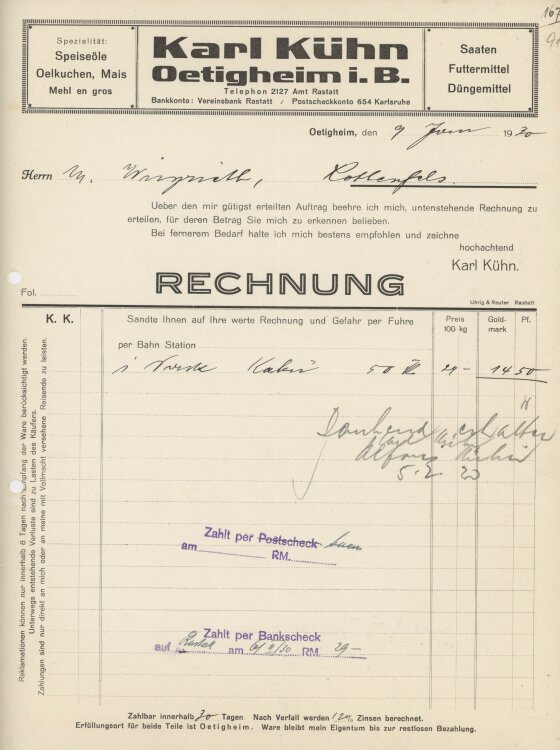 Firma M. Winzrieth (Kaufhaus)an Karl Kühn- Rechnung - 24.04.1929