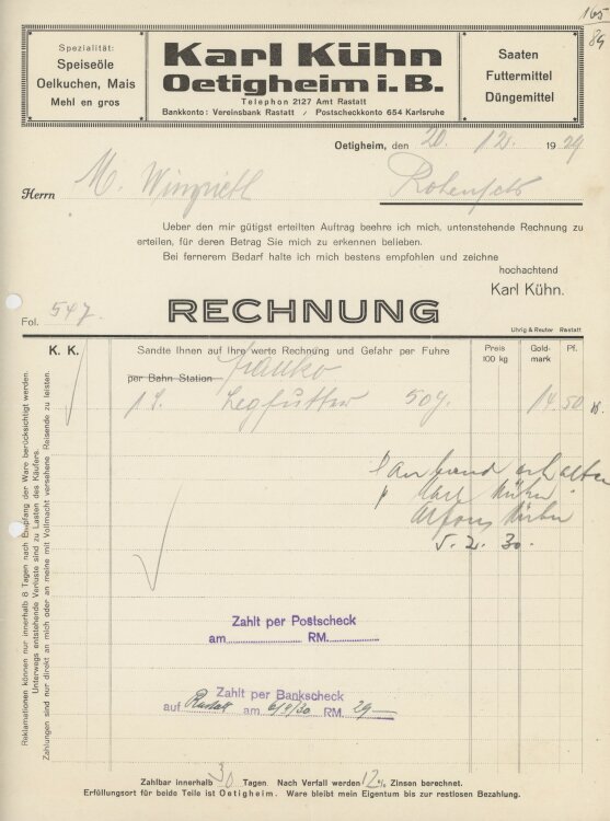 Firma M. Winzrieth (Kaufhaus)an Karl Kühn- Rechnung...