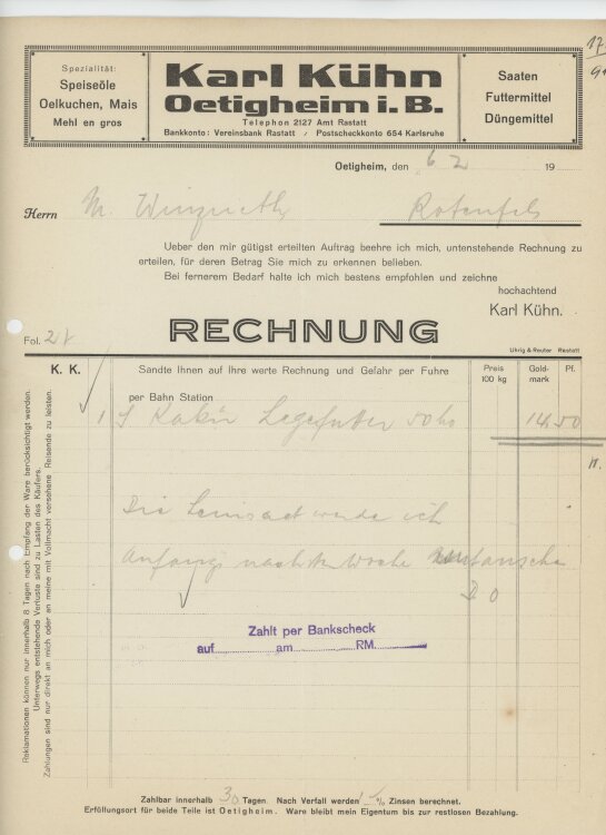 Firma M. Winzrieth (Kaufhaus)an Karl Kühn- Rechnung...