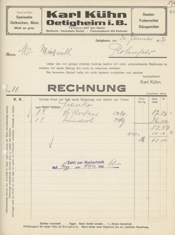 Firma M. Winzrieth (Kaufhaus)an Karl Kühn- Rechnung - 30.01.1930